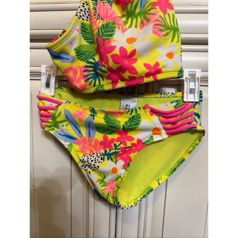 Art Class Girls Floral Tropical Two-Piece Bikini Set Yellow Pink Sz Large 10-12